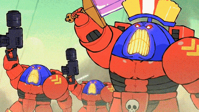 Cartoon Robot With Skull Holding Sword GIF