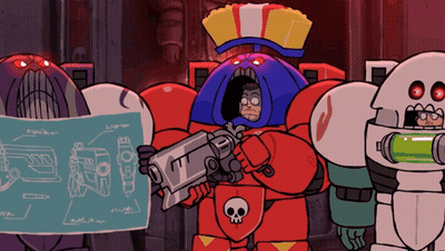 Cartoon Robot With Skull On Chest Holding Gun GIF