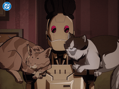 Cartoon Robot With Two Cats GIF