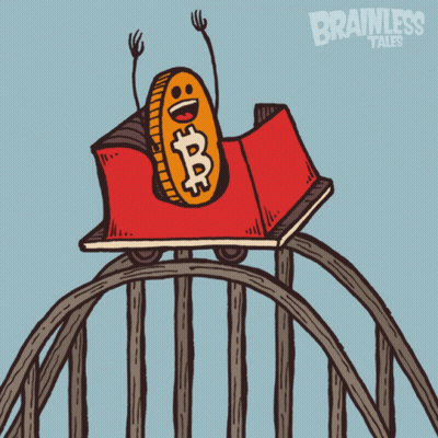 Cartoon Roller Coaster With Coin Saying Brainless Tales GIF