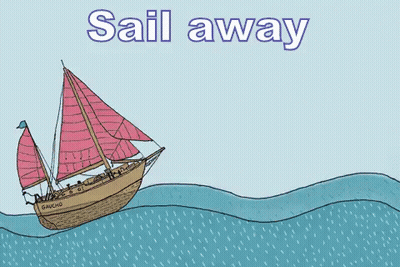 Cartoon Sailboat In Ocean Saying Sail Away GIF
