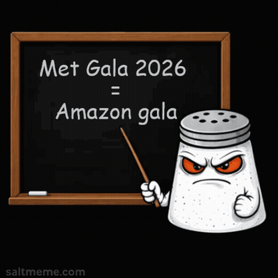 Cartoon Salt Shaker Pointing At Blackboard Saying Met Gala 2026 = Amazon Gala GIF