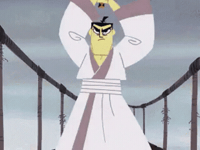 Cartoon Samurai Standing On Bridge With Hands Up GIF