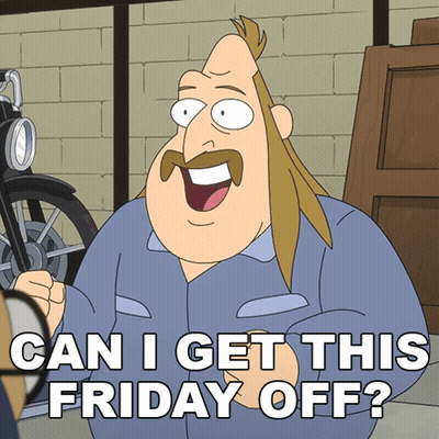 Cartoon Saying Can I Get This Friday Off In Front Of Motorcycle GIF