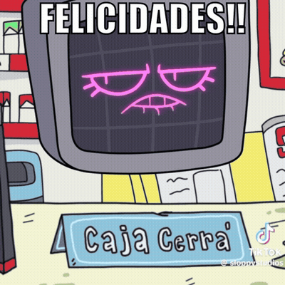 Cartoon Saying Felicidades With Caja Cerra Sign GIF