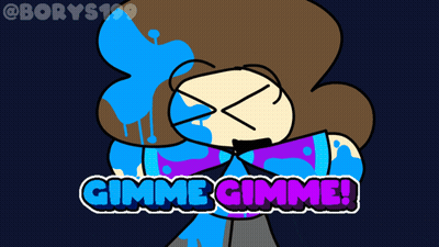 Cartoon Saying Gimme Gimme In Blue And Purple GIF