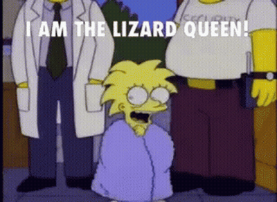Cartoon Saying I Am The Lizard Queen In Front Of Security Guard GIF