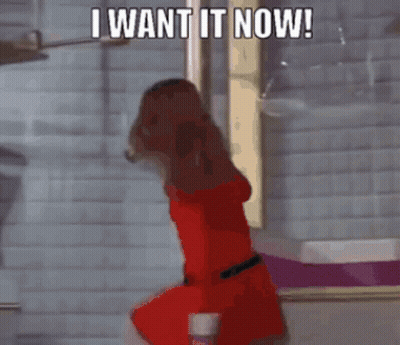 Cartoon Saying I Want It Now In Front Of Brick Wall GIF