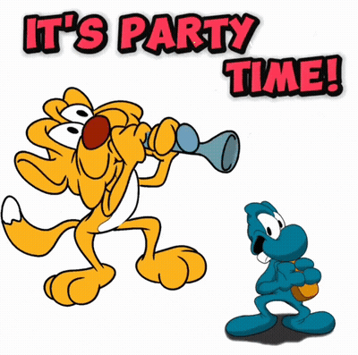 Cartoon Saying Party Time With Cat And Blue Man GIF