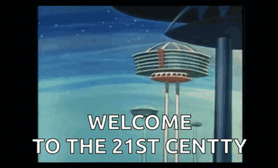 Cartoon Saying Welcome To The 21St Century With Futuristic Building GIF