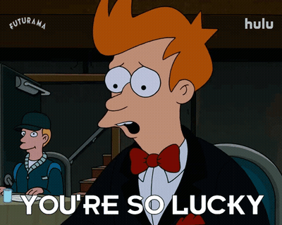 Cartoon Saying You're So Lucky In Front Of Futurama Sign GIF