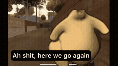 Cartoon Says Ah Shit Here We Go Again In Front Of Brick Wall GIF