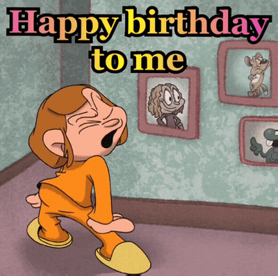 Cartoon Says Happy Birthday To Me With Girl In Front Of Pictures GIF