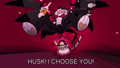 Cartoon Says Husk I Choose You In Front Of Monster GIF