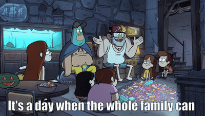 Cartoon Says It's A Day When Whole Family Can With Pile Of Candy GIF