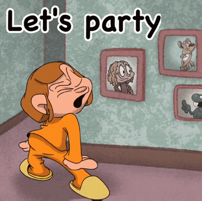 Cartoon Says Let's Party Standing in Room