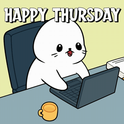 Cartoon Seal Sitting At Desk With Laptop Happy Thursday GIF