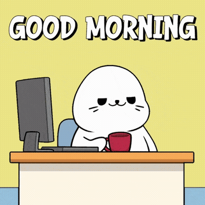 Cartoon Seal With Coffee And Computer Says Good Morning GIF
