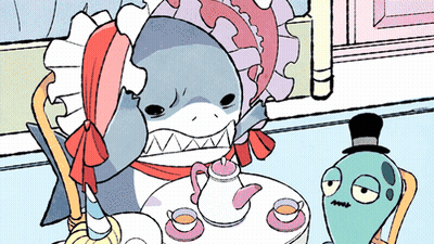 Cartoon Shark Sitting At Table With Tea GIF