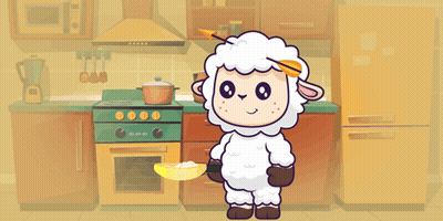 Cartoon Sheep Holding Bowl Of Rice In Kitchen GIF
