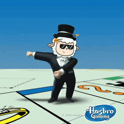 Cartoon Sheep In Top Hat And Sunglasses Dancing In Front Of Monopoly Board GIF