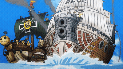 Cartoon Ship With Blue On Sails GIF