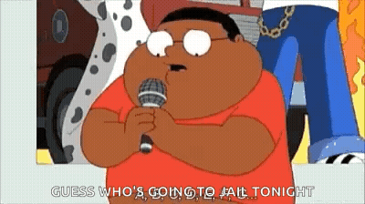 Cartoon Singing Into Microphone Saying Guess Whos Going To Jail Tonight GIF