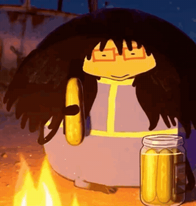 Cartoon Sitting By Fire Holding Banana And Pickles GIF