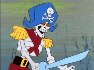 Cartoon Skeleton In Blue Pirate Hat Holding Sword GIF