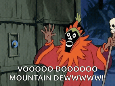 Cartoon Skull Says Voooo Dooooo Mountain Dewwwww GIF