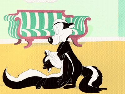 Cartoon Skunk Holding Cat In Front Of Striped Couch GIF