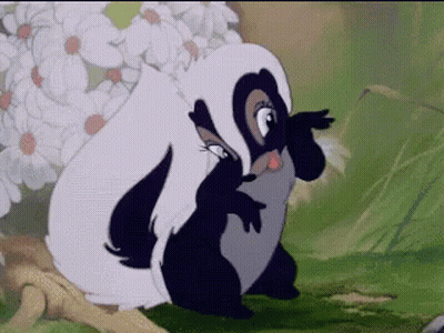 Cartoon Skunk In Front Of Flowers GIF