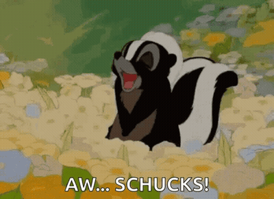 Cartoon Skunk Saying Aw Schucks In Flowers GIF