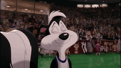 Cartoon Skunk Smiling In Front Of Crowd GIF