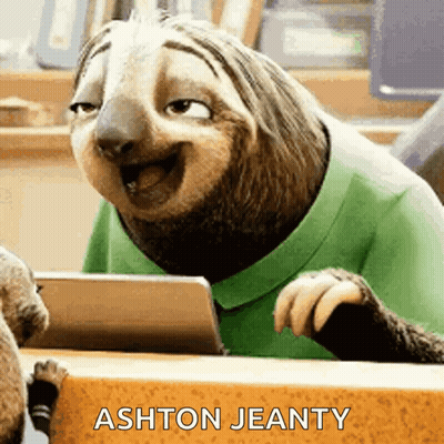 Cartoon Sloth In Green Shirt Smiling At Tablet GIF