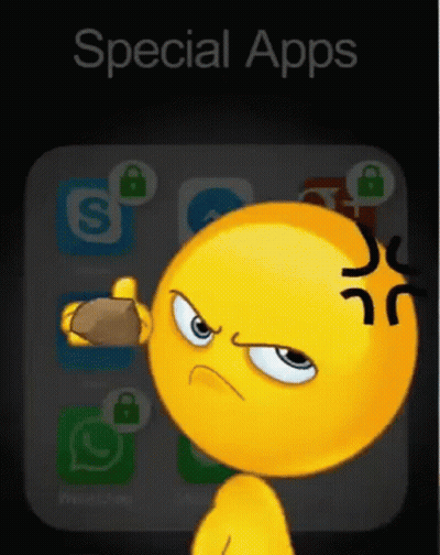 Cartoon Smiley Holding Rock In Front Of Phone Saying Special Apps GIF