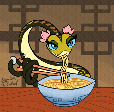 Cartoon Snake Eating Noodles From Bowl GIF