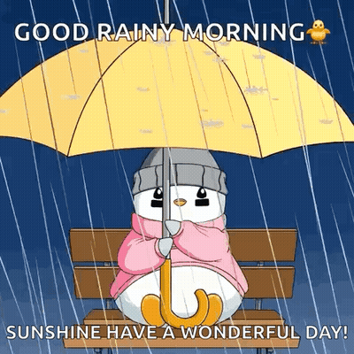 Cartoon Snowman Sitting On Bench Under Umbrella Rain GIF