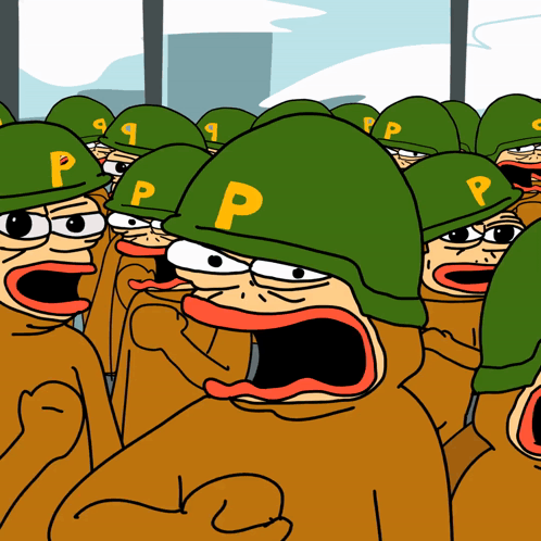Cartoon Soldiers In Green Helmets With Letter P GIF