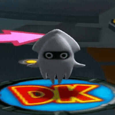Cartoon Squid Floating Above DK Logo GIF