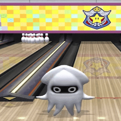 Cartoon Squid Walking Down Bowling Alley With Star Sign GIF