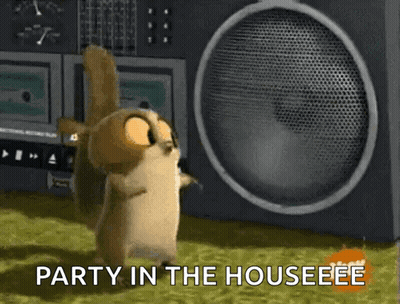 Cartoon Squirrel Dancing With Party Text GIF