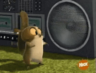 Cartoon Squirrel Standing Next To Large Speaker GIF