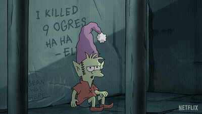 Cartoon Standing in Front of Sign Saying I Killed 9 Ogres