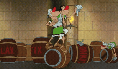 Cartoon Standing On Barrel Saying Lax-Fix GIF