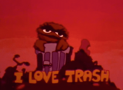 Cartoon Standing On Trash Can Says I Love Trash GIF