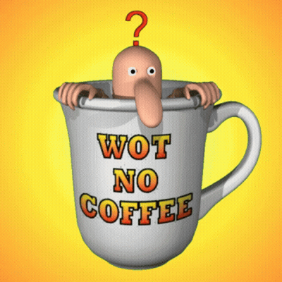 Cartoon Sticking Head Out Of Cup Saying Wot No Coffee GIF