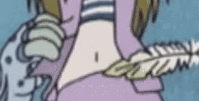 Cartoon Stomach With Feather In Hand GIF