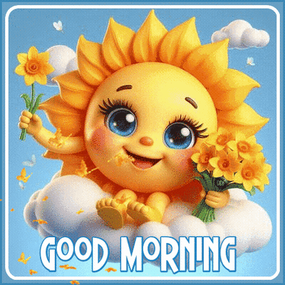 Cartoon Sun Sitting On Cloud Holding Flowers GIF