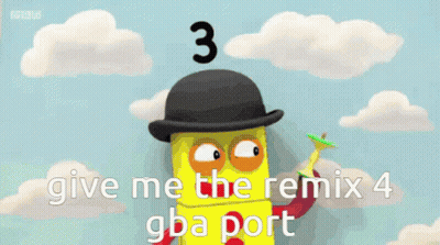 Cartoon Surrounded By Colorful Balloons Says Give Me The Remix 4 GBA Port GIF